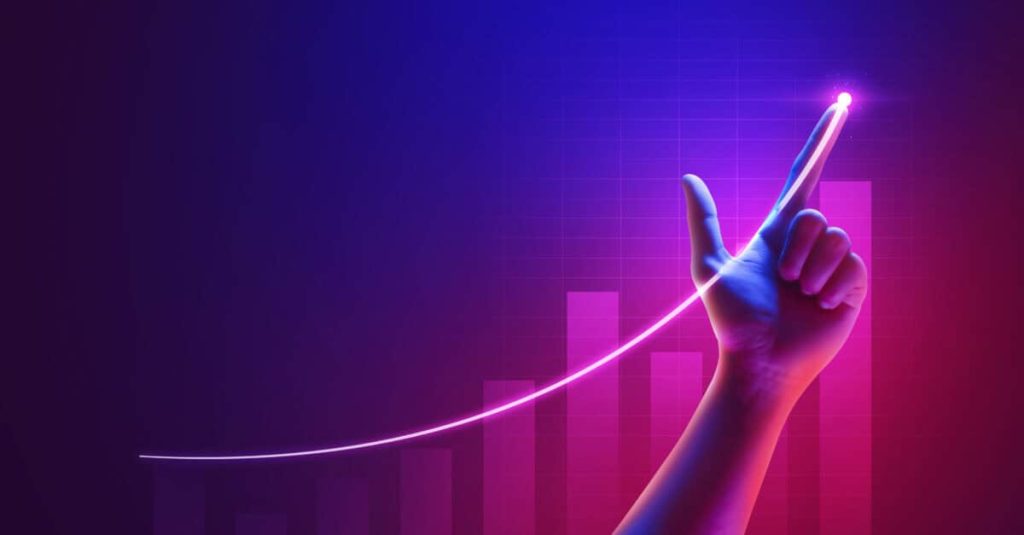 Business success of growth metaverse finance and investment profit graph concept or development analysis progress chart on financial market achievement strategy background with increase hand diagram